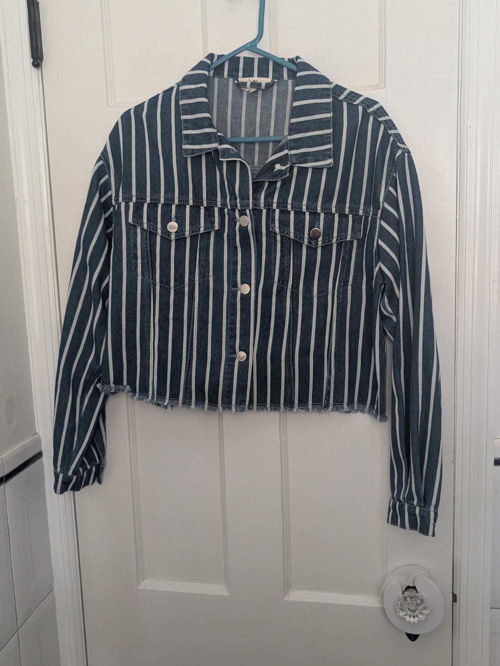 Striped Cropped Denim Jacket - Navy & White